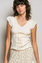 Cream POL V-neck lightweight textured short sleeve knit top with lace trim, by Trendsi, displayed flat showing front detail.