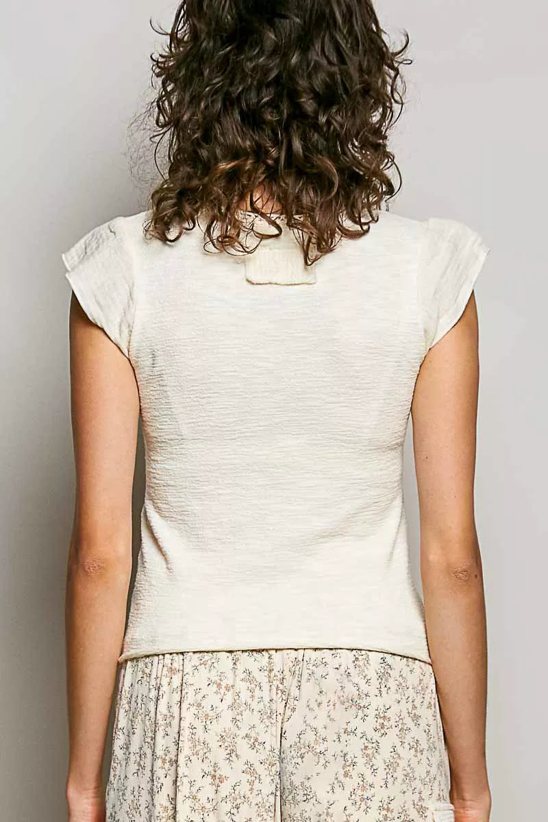 Cream POL V-neck lightweight textured knit top with short sleeves and lace trim, by Trendsi, styled on a mannequin.