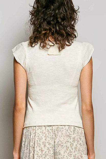 Cream POL V-neck lightweight textured knit top with short sleeves and lace trim, by Trendsi, styled on a mannequin.