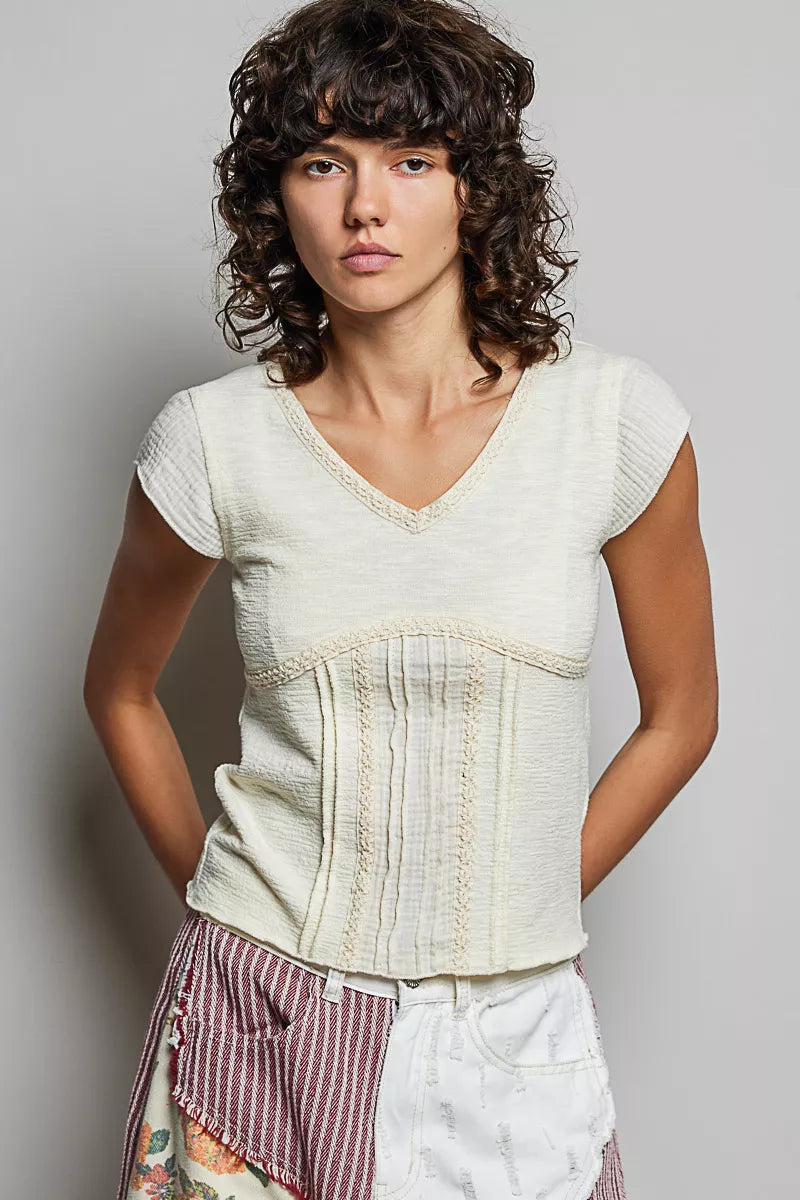 Cream POL V-neck lightweight textured short sleeve knit top with lace trim from Trendsi, showing the detailed fabric and lace accents.