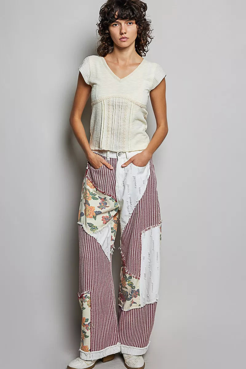 Cream V-neck lightweight textured short sleeve knit top with lace trim, by Trendsi.