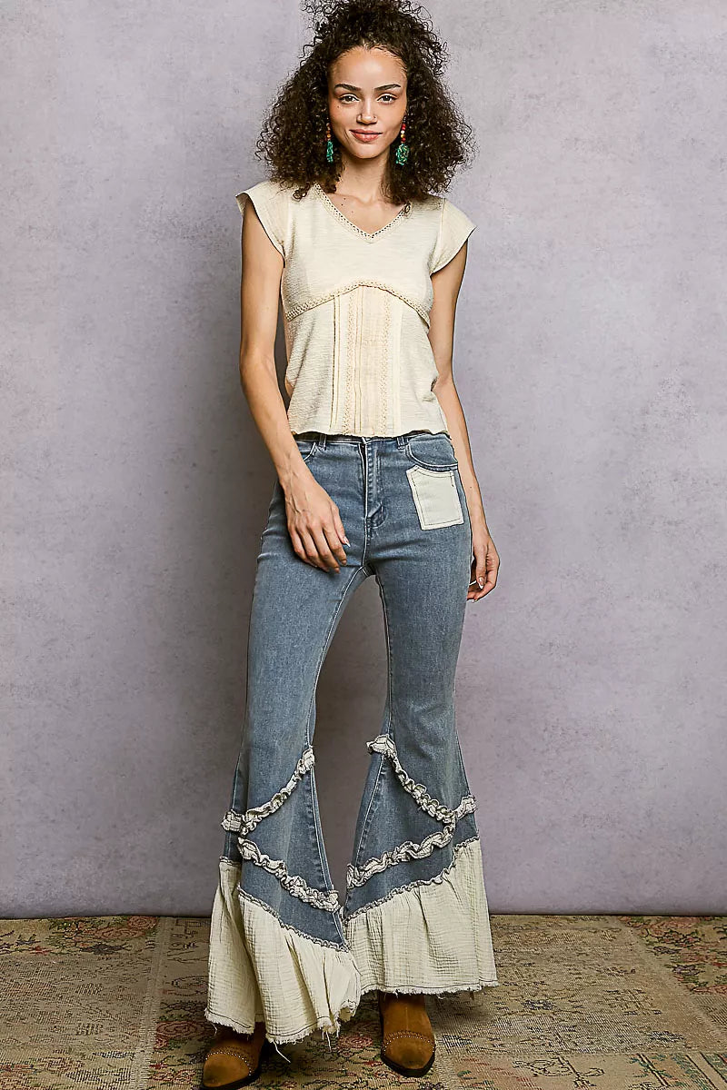 Cream POL V-neck lightweight textured short sleeve knit top with lace trim by Trendsi, shown on a model.