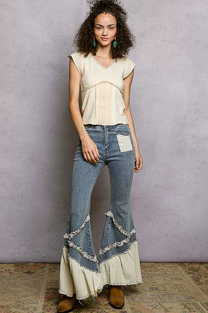 Cream POL V-neck lightweight textured short sleeve knit top with lace trim by Trendsi, shown on a model.