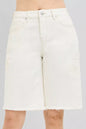 Cream RISEN slouchy relaxed floral embroidered Bermuda denim shorts by Trendsi, shown with a casual, loose fit and floral embroidery.