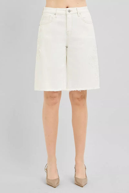Cream RISEN relaxed floral embroidered Bermuda denim shorts with slouchy fit, casual summer style by Trendsi.