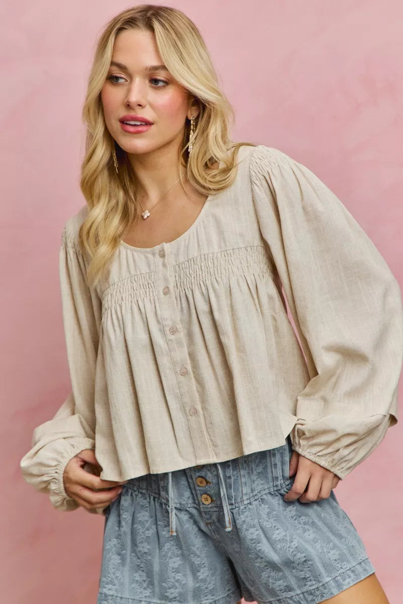 Cream linen blend woven long sleeve top with smocking detail, stylish Trendsi SO ME blouse, casual and comfortable.