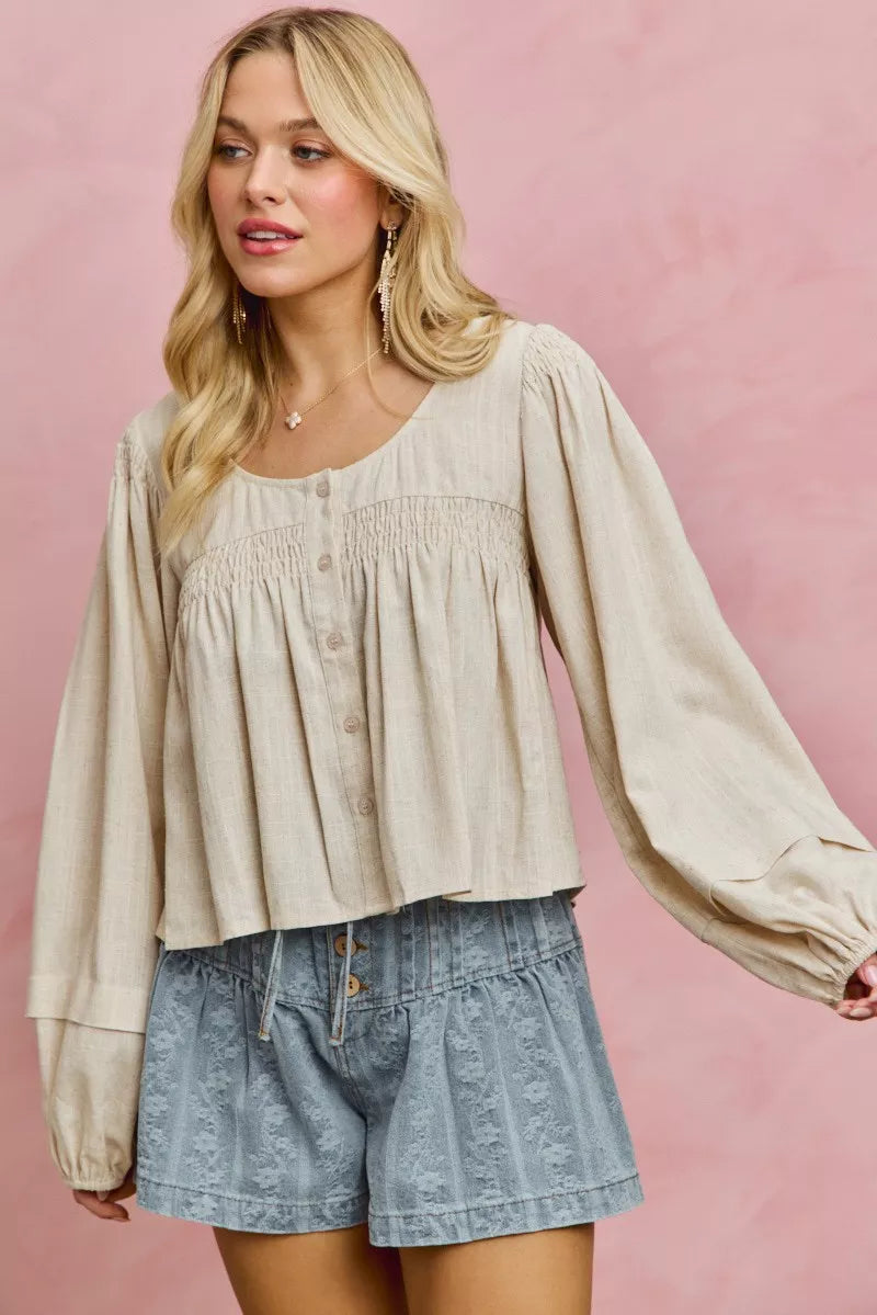 Cream linen blend woven long sleeve top with smocking detail, stylish and comfortable from SO ME by Trendsi.