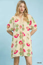 Cream Umgee abstract print mini dress with short sleeves and relaxed fit, featuring a stylish, artistic pattern.
