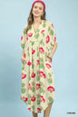 Cream Umgee abstract print V-neck midi dress with short sleeves and flowing silhouette, perfect for casual or semi-formal occasions.
