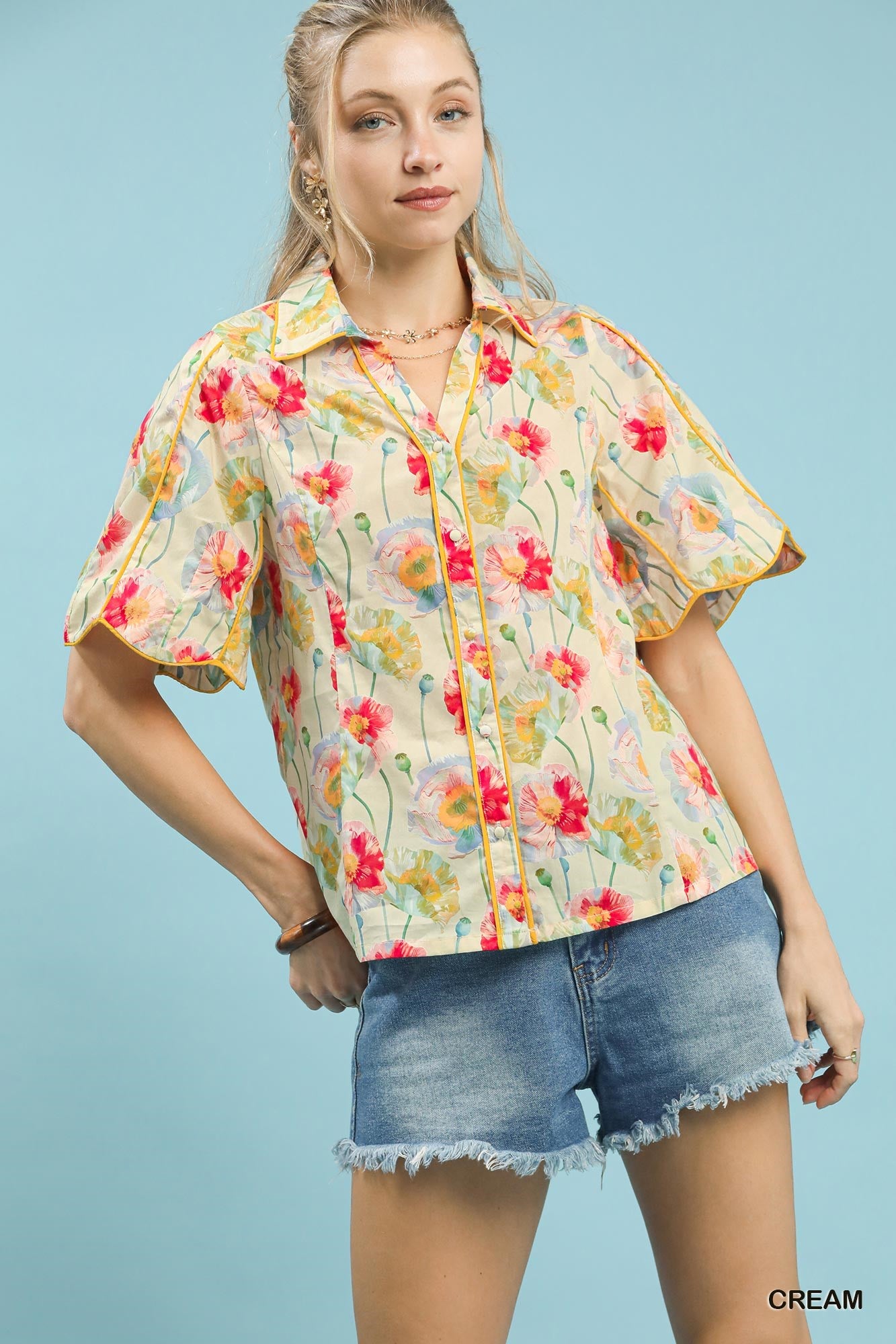 Cream floral print Umgee button-down blouse with flutter sleeves, featuring a relaxed fit and feminine style.