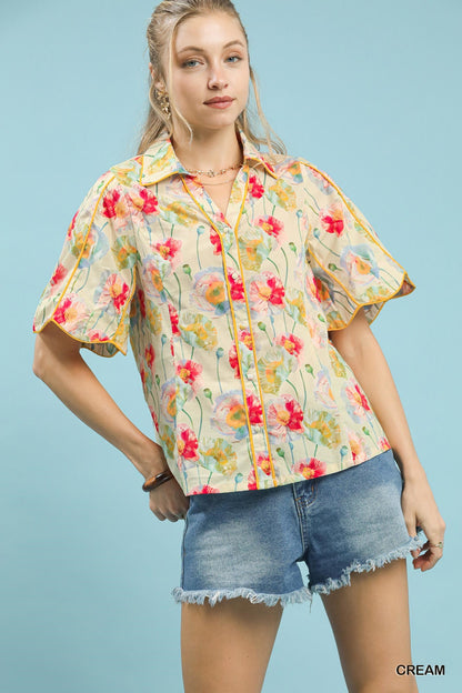 Cream floral print Umgee button-down blouse with flutter sleeves, featuring a relaxed fit and feminine style.
