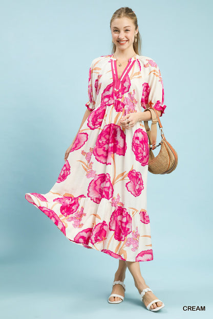 Cream floral print midi dress with contrast trim by Umgee, featuring a flowy silhouette and stylish design.