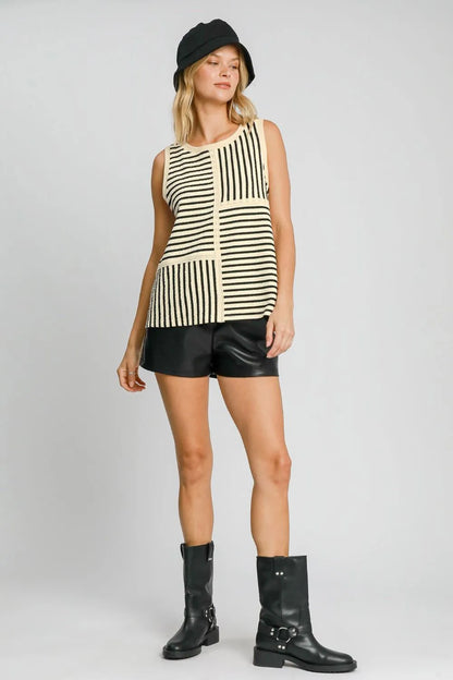 Cream Umgee striped tank top with a round neckline and textured fabric, styled for casual wear.