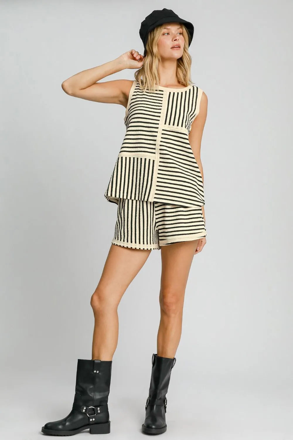 Cream Umgee round neck striped tank top featuring textured fabric and casual fit, perfect for everyday wear.