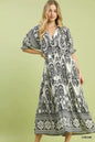 Cream Umgee two-tone border print midi dress with short sleeves and flowing silhouette, perfect for casual or semi-formal wear.