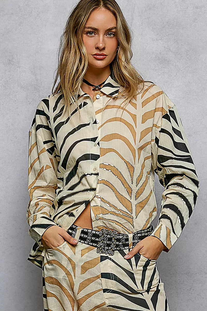 Cream and zebra-print two-tone woven long sleeve shirt with spangles from POL by Trendsi, featuring a stylish printed design.