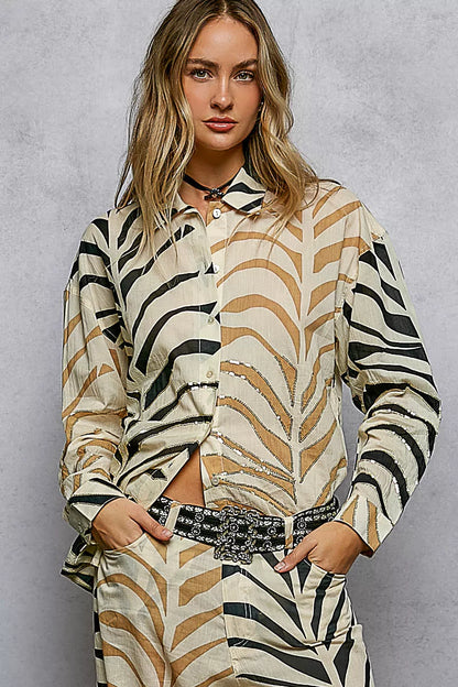 Cream and zebra-print two-tone woven long sleeve shirt with spangles from POL by Trendsi, featuring a stylish printed design.