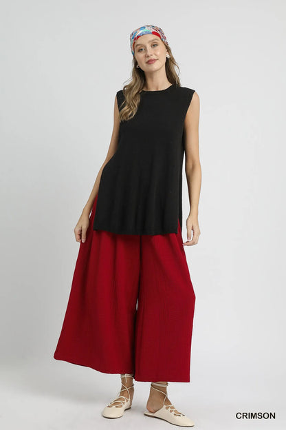 Crimson Umgee elastic waist wide-leg pants with relaxed fit and flowy fabric, perfect for casual or stylish everyday wear.