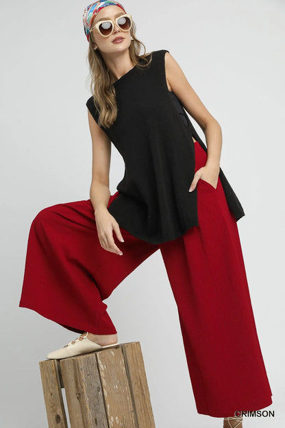 Crimson Umgee wide-leg pants with elastic waistband, featuring a relaxed fit and flowy fabric for comfortable, stylish wear.