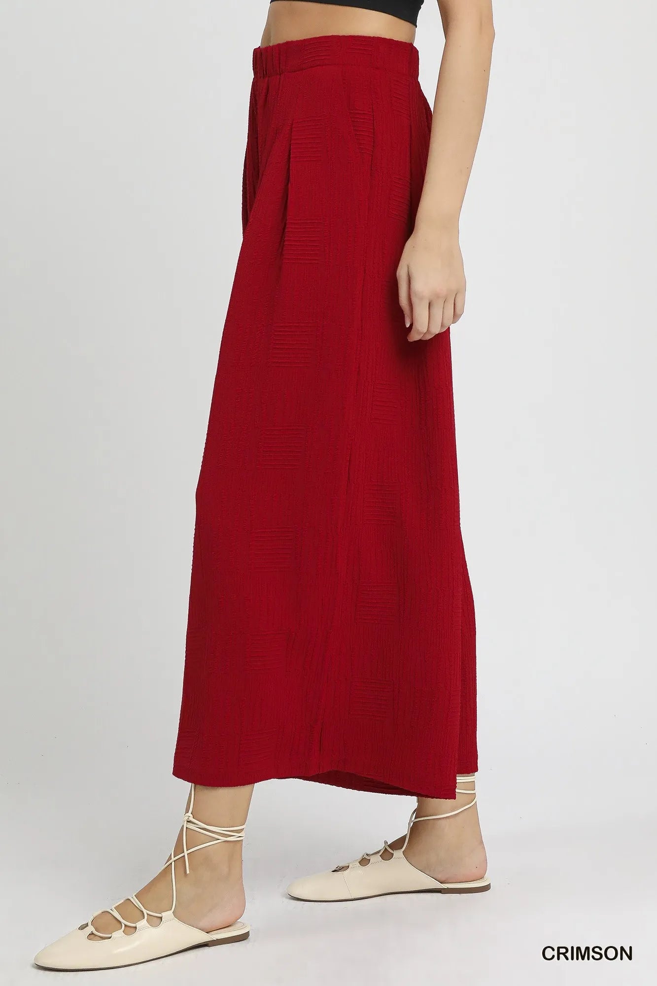 Crimson Umgee wide-leg pants with elastic waist and relaxed fit, stylish and comfortable for casual wear.
