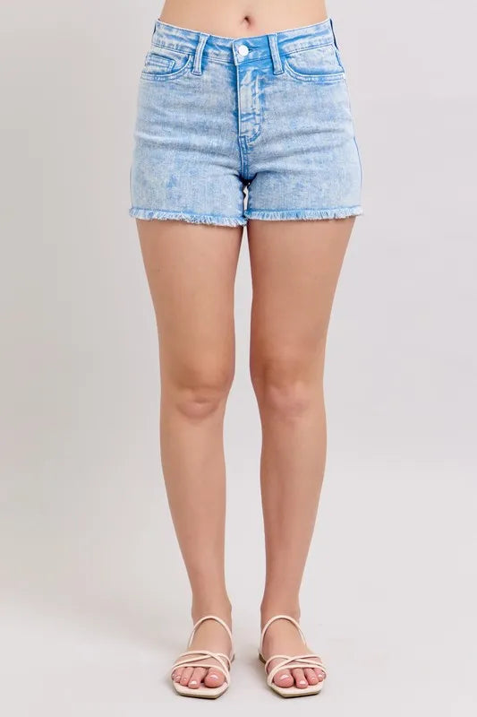 Plus size Judy Blue mid-rise garment dyed denim shorts in cyan, featuring a classic cut and stylish denim texture.