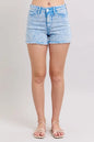 Plus size Judy Blue mid-rise garment dyed denim shorts in cyan, featuring a classic cut and stylish denim texture.