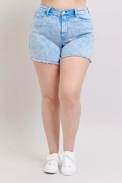Plus size Judy Blue mid-rise denim shorts in cyan garment-dyed fabric, featuring a casual, relaxed fit and classic denim styling.