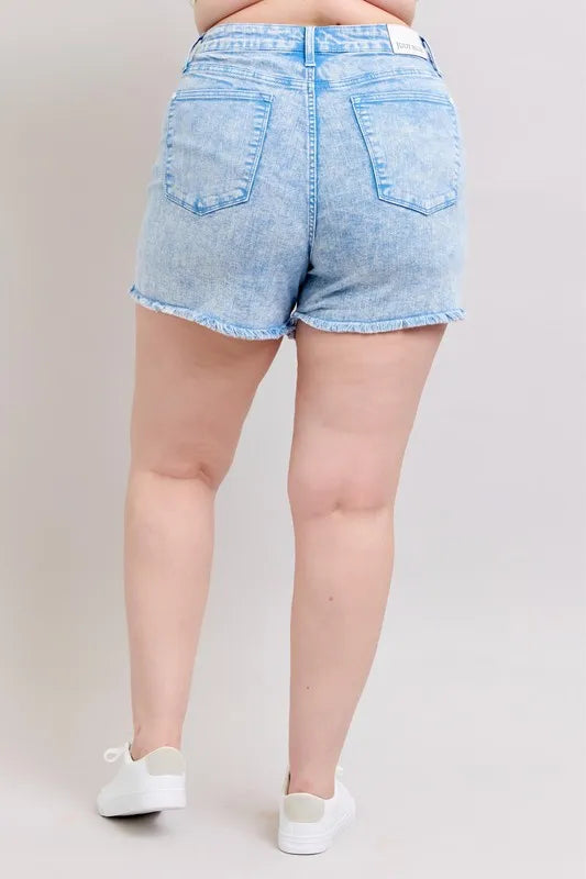 Plus size Judy Blue mid-rise denim shorts in garment-dyed cyan with a classic fit and stylish look.