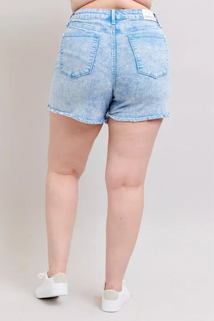 Plus size Judy Blue mid-rise denim shorts in garment-dyed cyan with a classic fit and stylish look.