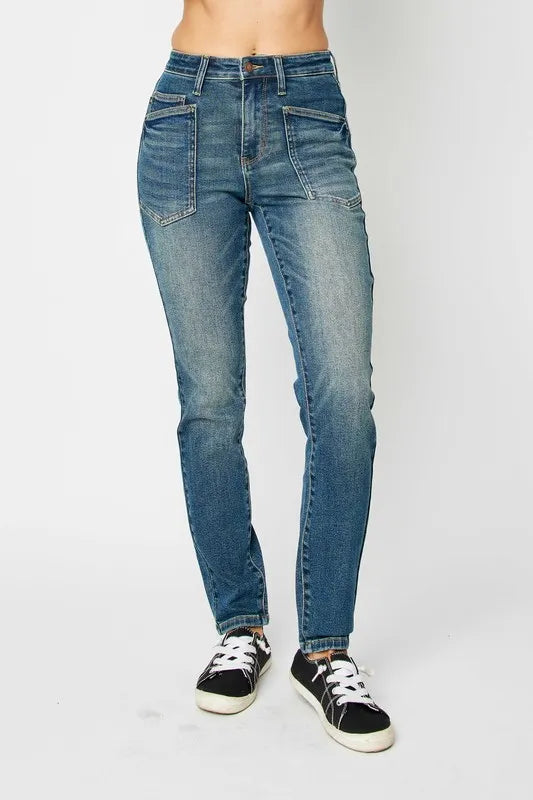 Dark wash Judy Blue high waist skinny jeans, full size, featuring a fitted silhouette and classic denim style.