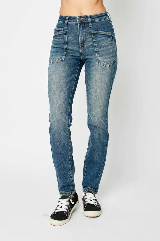 Dark wash Judy Blue high waist skinny jeans for women, full size fit, showcasing slim fit and classic denim style.