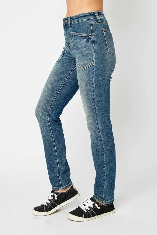 Dark wash Judy Blue high waist skinny jeans for women, full size, with a fitted silhouette and classic five-pocket design.