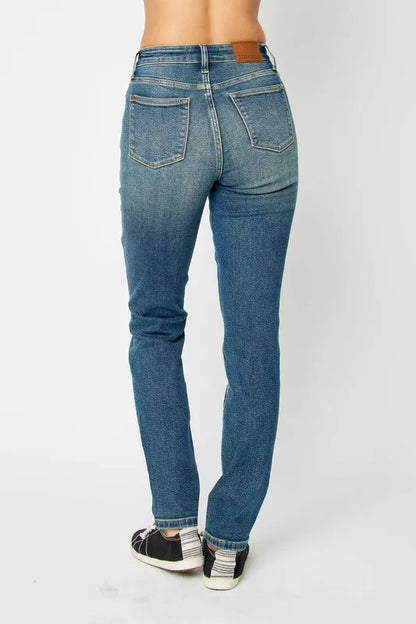 Dark wash Judy Blue high waist skinny jeans, full size, with a snug fit and classic five-pocket design.