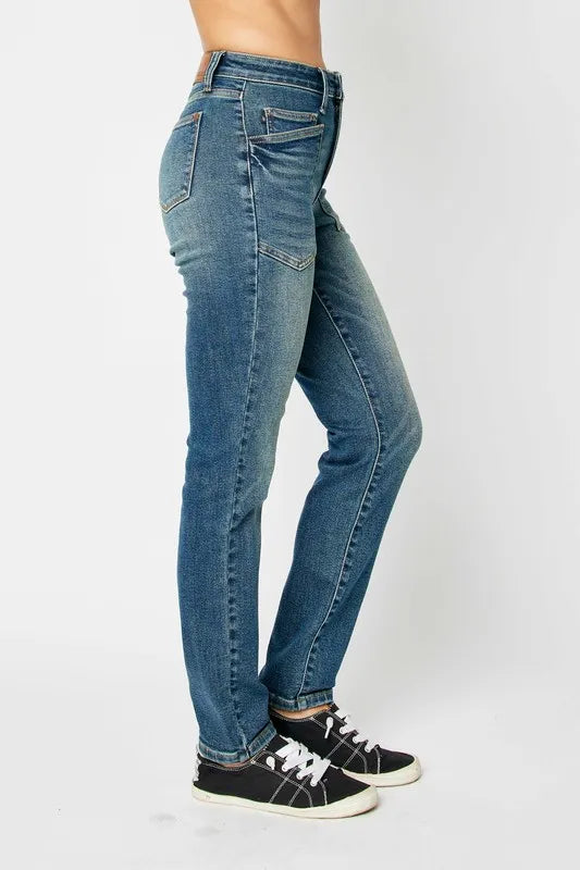 Dark wash Judy Blue high waist skinny jeans for women, full size fit, stylish and form-fitting denim from Trendsi.