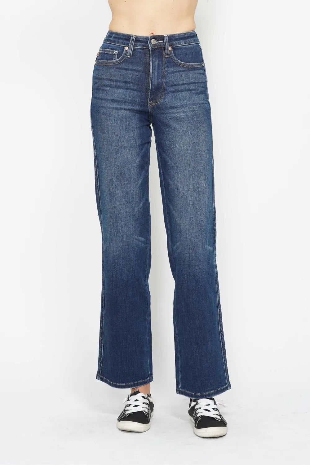 Dark wash Judy Blue full-size high waist jeans with tummy control, designed for a flattering fit and comfortable wear.