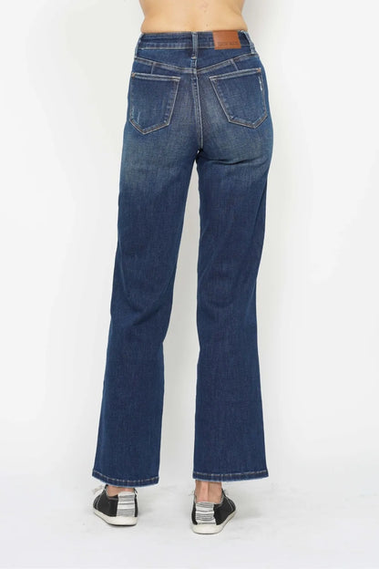 Dark wash Judy Blue high waist tummy control jeans, full size, with a fitted look and classic jean detailing.