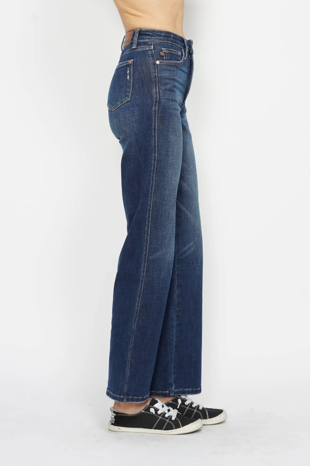 Dark wash Judy Blue high waist tummy control jeans, full size, featuring a flattering fit and classic denim style.