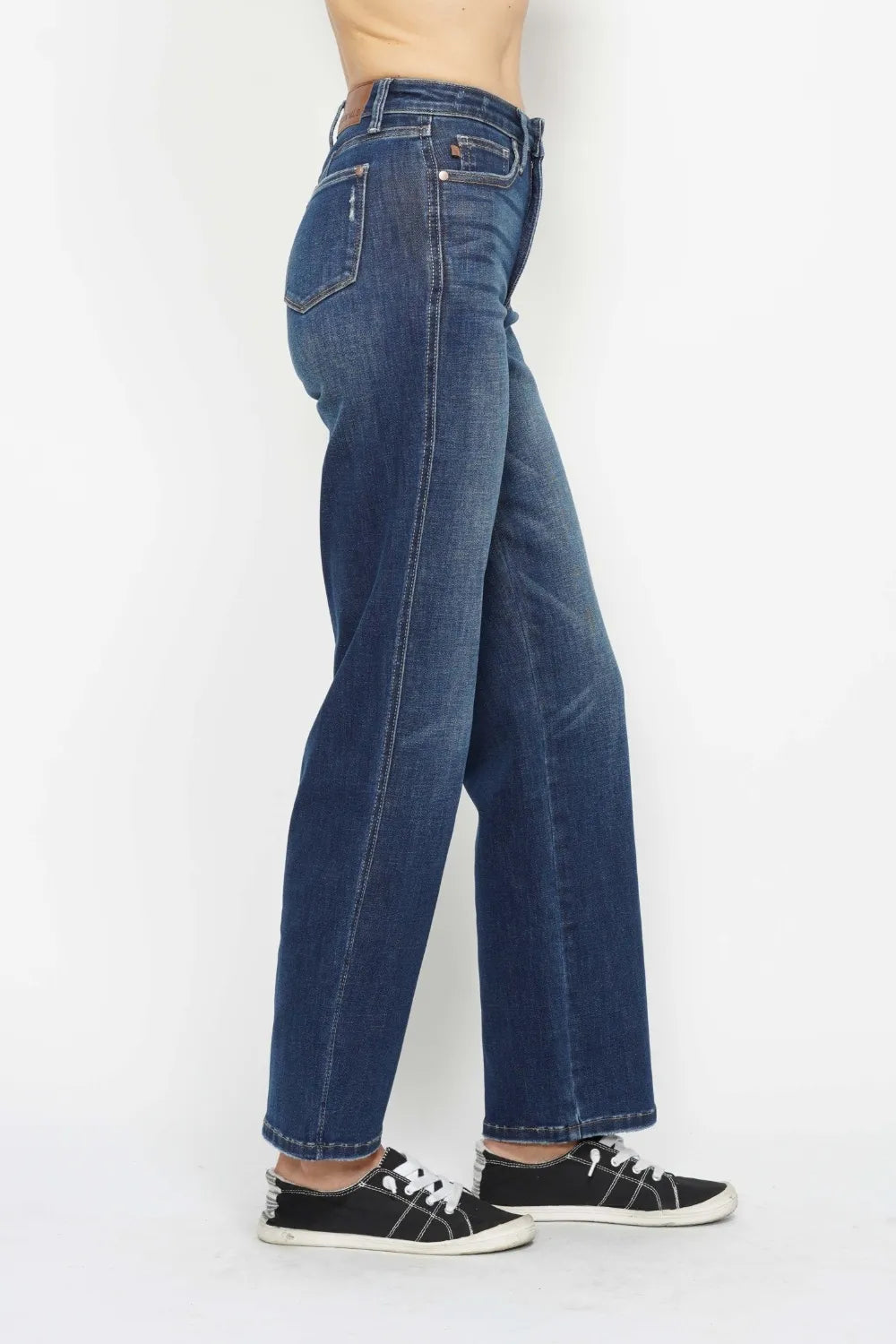 Dark wash Judy Blue high waist tummy control jeans, full size, showing the fit and style on a model.