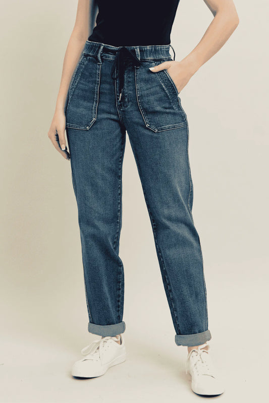 Judy Blue full-size vintage wash jeans with drawstring waist, plus size, featuring classic denim style and relaxed fit.