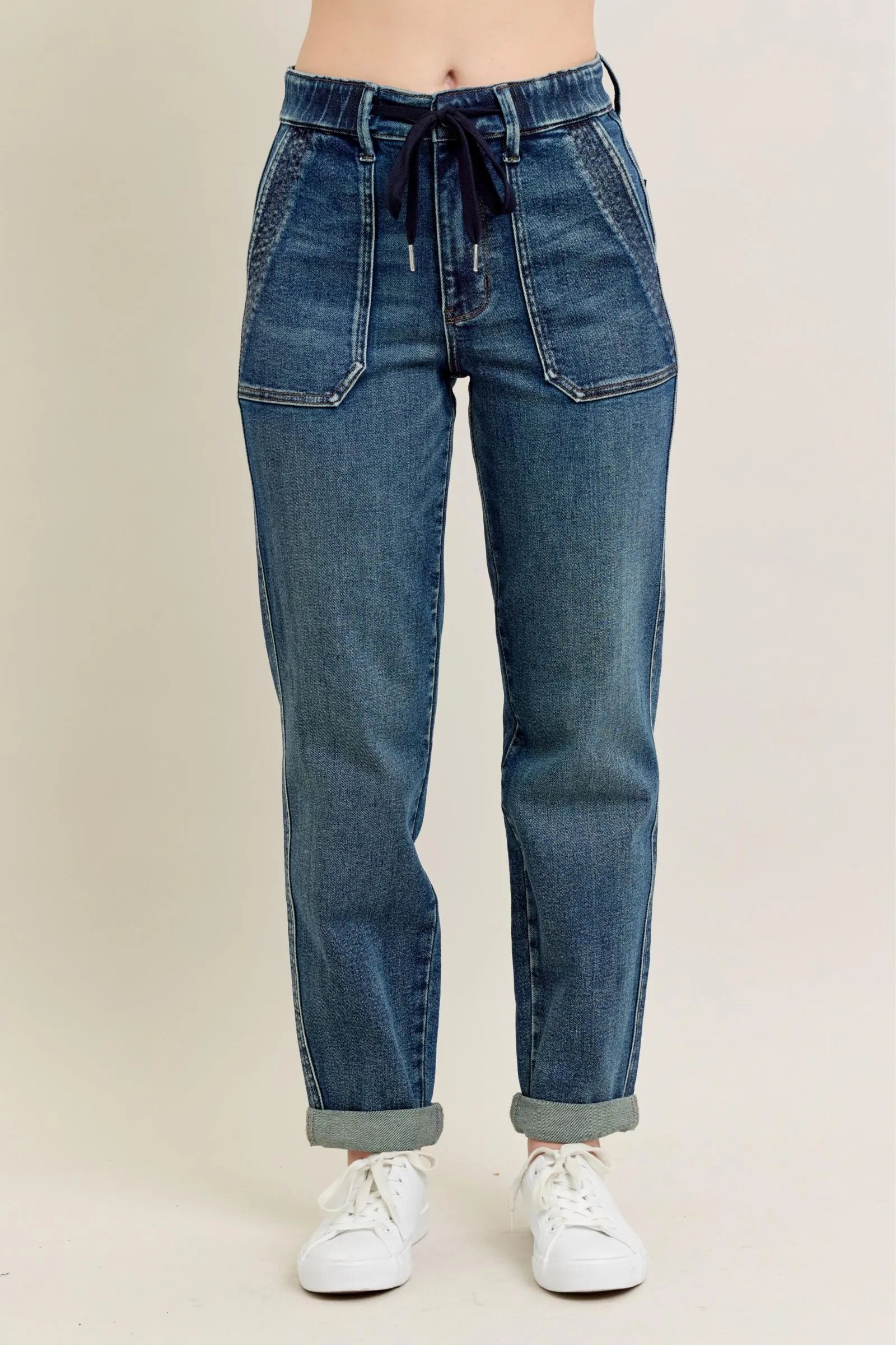 Judy Blue full-size vintage wash jeans with drawstring waist, plus size, casual style, dark denim, front view.