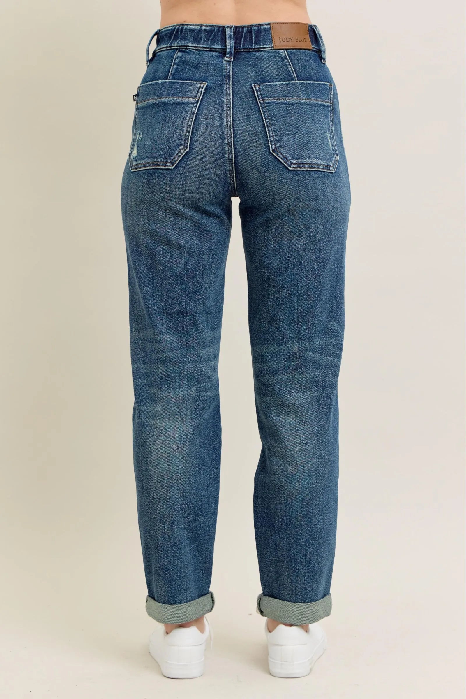 Dark wash Judy Blue full-size vintage wash jeans with drawstring, designed for plus size, featuring classic denim details.