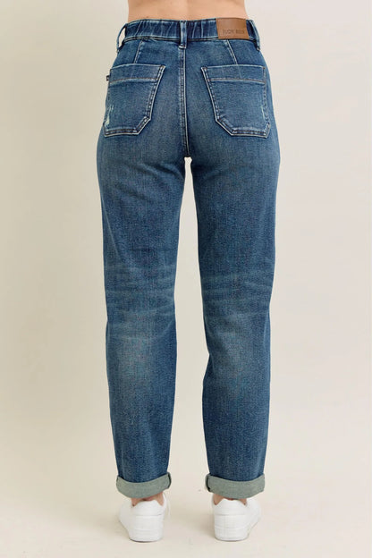 Dark wash Judy Blue full-size vintage wash jeans with drawstring, designed for plus size, featuring classic denim details.