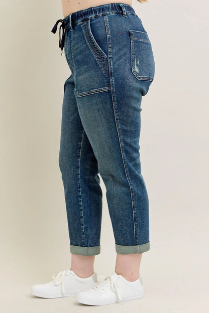Judy Blue full-size vintage wash jeans with drawstring waistband, plus size, casual denim pants, Trendsi brand.