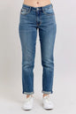 Dark indigo Judy Blue full-size mid-rise skinny cuff jeans with pockets, plus size, casual denim pants for women.