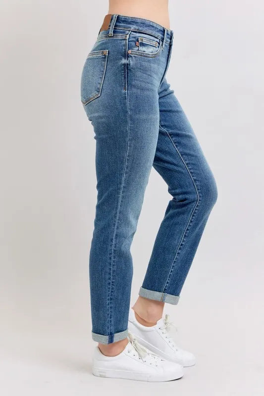 Dark wash Judy Blue full-size mid-rise skinny cuff jeans with pockets, plus size, featuring a classic fit and stylish design.