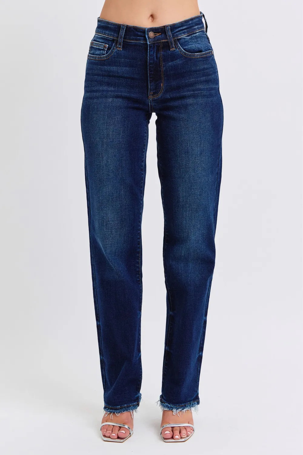 Dark wash Judy Blue full-size raw hem straight leg jeans with classic fit and distressed details, casual and stylish for everyday wear.