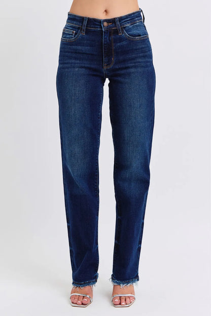 Dark wash Judy Blue full-size raw hem straight leg jeans with classic fit and distressed details, casual and stylish for everyday wear.