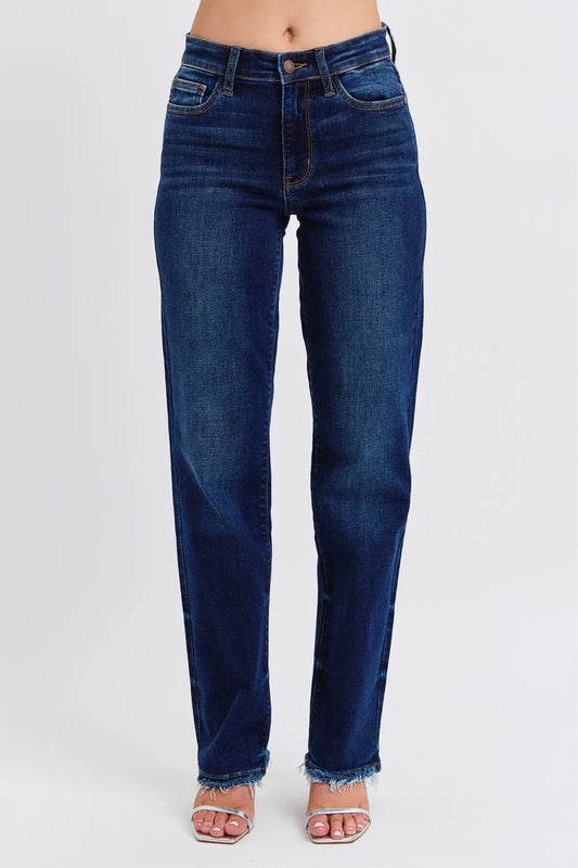 Dark wash Judy Blue full-size raw hem straight leg jeans with classic fit and distressed details, casual and stylish for everyday wear.