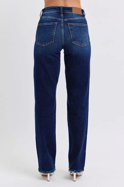 Dark wash Judy Blue full-size raw hem straight leg jeans with classic five-pocket style and relaxed fit.