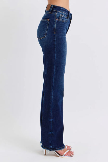 Dark wash Judy Blue full size raw hem straight leg jeans with classic five-pocket design and relaxed fit.